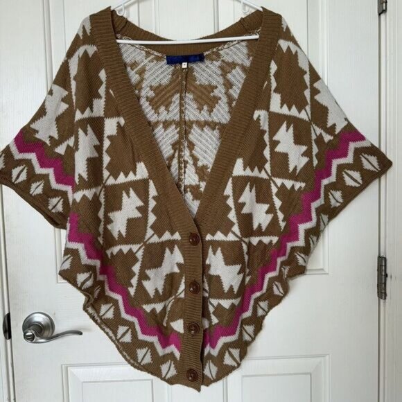 Woman’s Aztec Print Knit Sweater Short Sleeve Poncho Shawl Brown Pink White Sz M - Picture 1 of 9